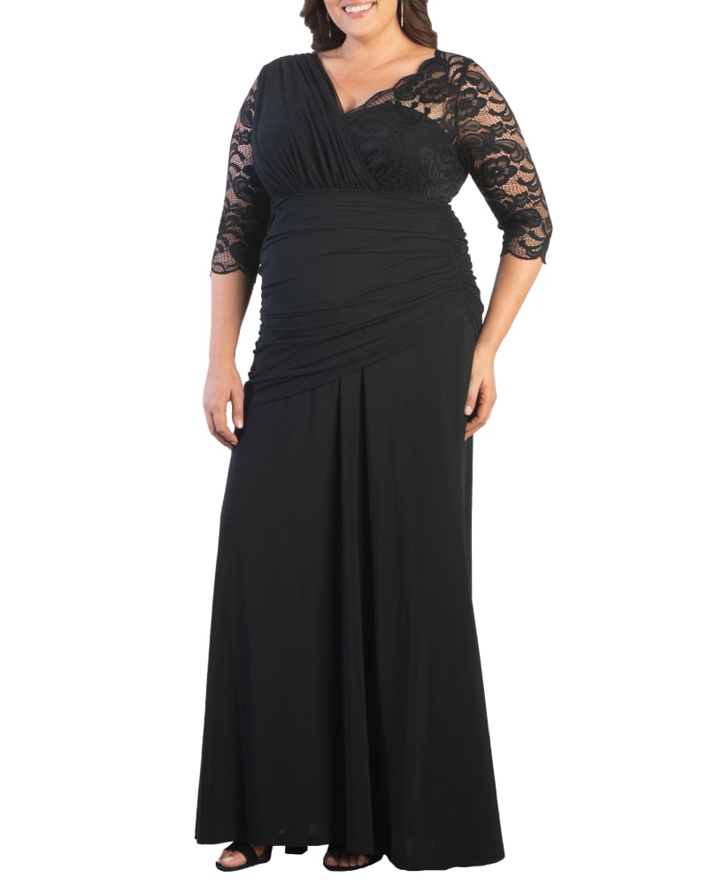 Front of a model wearing a size 0X Soiree Evening Gown in ONYX by Kiyonna. | dia_product_style_image_id:270965